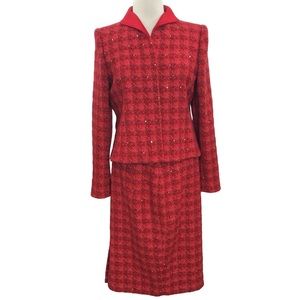 DD Collection Red Pink Tweed Sequin Skirt Suit Set Size 8